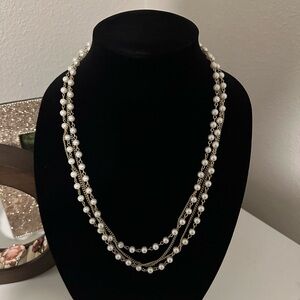 Vintage Faux Silver & Pearl four Strand Necklace 24”